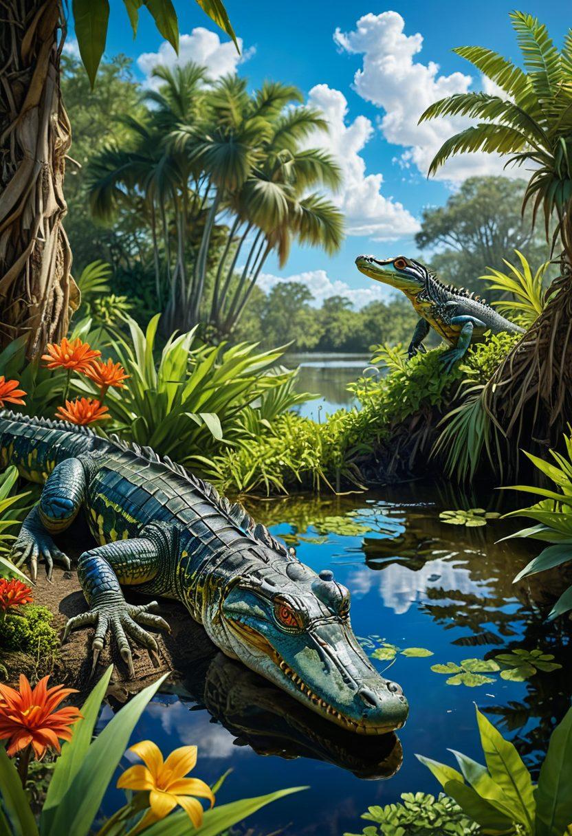 A vibrant scene featuring a variety of Florida reptiles, including a colorful alligator lounging in a sunny swamp, a playful iguana perched on a branch, and a sleek snake coiling around a palm tree. The background showcases lush greenery and a bright blue sky, emphasizing the diversity of wildlife. Incorporate categories like educational labels and fun facts artistically integrated into the scenery. super-realistic. vibrant colors. lush background.
