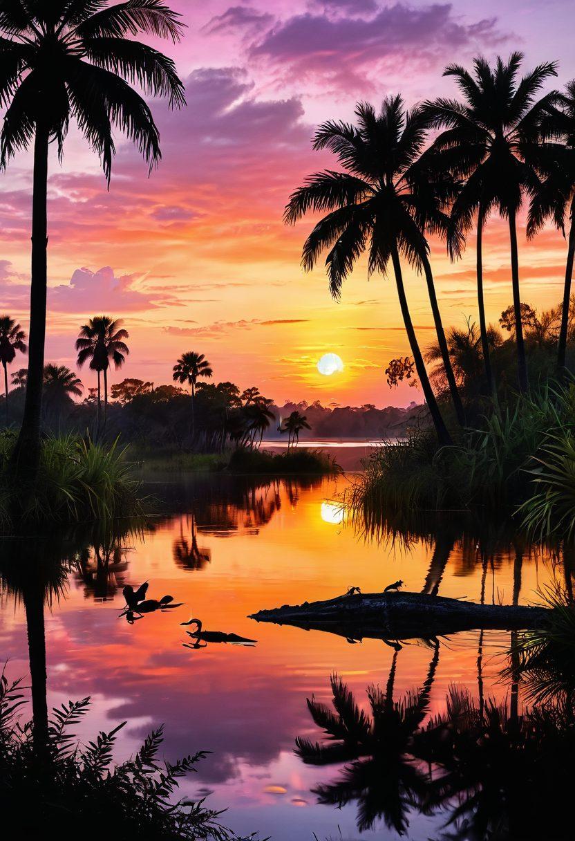A serene scene capturing the essence of Florida's wildlife, featuring vibrant sunsets over a tranquil lake with silhouettes of alligators, herons, and palm trees. Lush greenery surrounds the water, and a gentle breeze creates ripples in the surface. Tiny fireflies can be seen dancing above the foliage, embodying a sense of bliss and tranquility in nature. super-realistic. vibrant colors. peaceful ambiance.