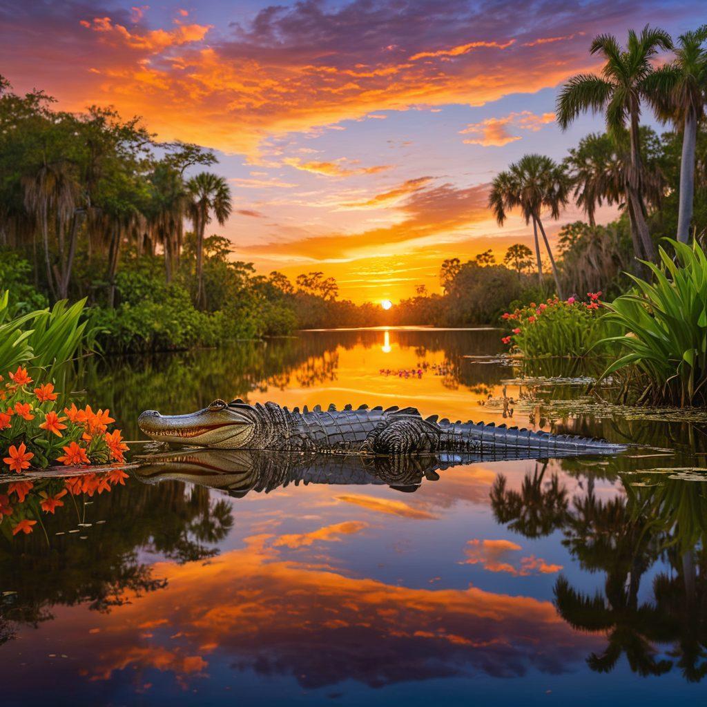 A tranquil Florida swamp scene featuring a majestic alligator sunbathing by the water's edge, surrounded by lush greenery and vibrant tropical flowers. In the background, a brilliant sunset casts warm golden hues across the sky, and a pair of colorful birds are seen flying above. Soft ripples on the water reflect the beautiful wildlife and idyllic nature setting. vivid colors. super-realistic. nature photography.